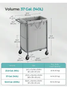 SONGMICS  Laundry Basket On Wheels, 2-Compartment Laundry Hamper, 37 Gallons (140L), Removable Liner, Steel Frame With Handle