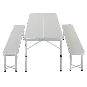 90cm L Aluminum Portable Foldable Outdoor Garden Camping Table and Benches Set, Brushed Silver