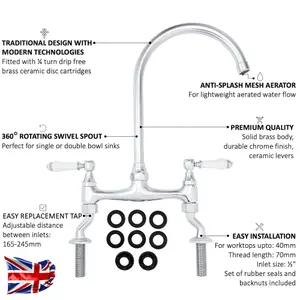 ENKI Astbury Traditional Chrome & White Deck Mount Mixer Tap for Kitchen Sink