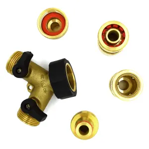 2 Way Garden Tap Connector, Brass Garden Hose Tap Y Splitter Connector with Individual On/Off Valves and 2 Matching Connectors