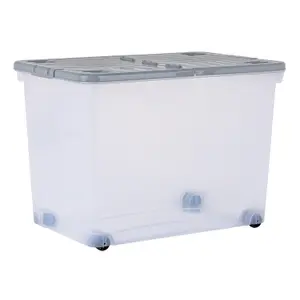 3 x Wham 80L Stackable Plastic Storage Box with Wheels & Folding Lid Clear/Cool Grey