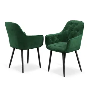 Set Of 2 Anika Modern Velvet Dining Chair Padded Seat Metal Legs Kitchen (Green)