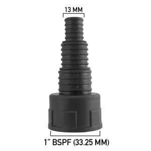 multi-step hosetail for pond pumps/filters fits 13-20-25mm hose,1" bsp female thread-measures 33.3mm across the thread