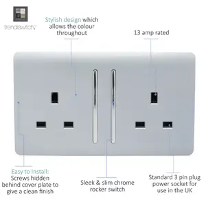 Trendiswitch Silver 2 Gang 13 Amp Switched Socket