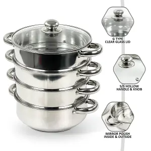 4TIER 24CM STEEL INDUCTION HOB STEAMER MULTI VEG S/S COOKER POT PAN W GLASS LID