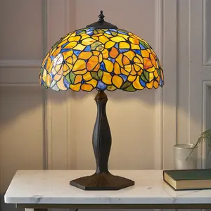 Medium Tiffany Glass Floral Table Lamp - Dark Bronze Finish - 60W E27 GLS LED