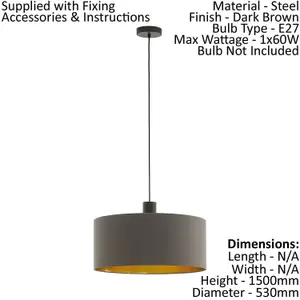 Pendant Ceiling Light Colour Dark Brown Shade Cappuccino Gold Fabric Bulb E27 1x60W