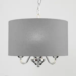 ValueLights Rocha Modern Chrome 3 Way Curved Arm Grey Linen Slimline Drum Ceiling Light Pendant