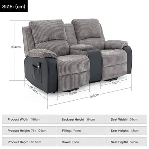 Postana Dual Motor Rise Recliner 2 Seater Jumbo Cord Drinks Console Mobility Sofa (Grey)