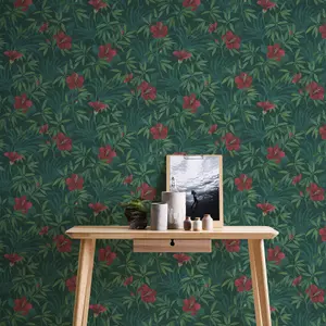 Galerie Havana Green Red Floral Textured Wallpaper