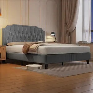 Upholstered Bed Frame with with Button-Tufted Headboard Light Grey / King