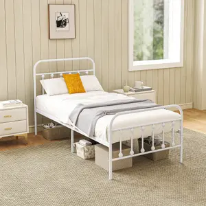 HOMCOM 3ft Metal Single Platform Bed Frame w/ Underbed Storage Headboard White