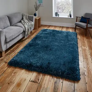 Blue Acrylic Easy to Clean Handmade Modern Plain Shaggy Rug for Living Room, Bedroom - 150cm X 230cm