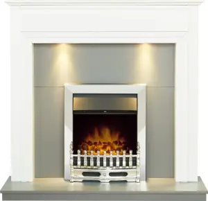 Adam Honley Fireplace in Pure White & Grey with Downlights & Blenheim Electric Fire in Chrome, 48 Inch