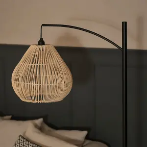 ValueLights Preto Black Metal Curve Stem Floor Lamp with a Natural Wicker Rattan Teardrop Shade