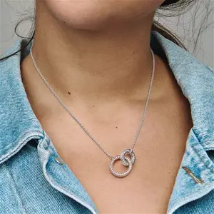 Pandora Signature Two Tone Intertwined Circles Necklace - Sterling Silver And 14K Rose Gold-Plated Unique Metal Blend / Cubic Zirconia - Sz. 45 cm