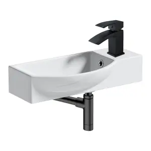 460mm Curved Wall Hung 1 Tap Hole Basin Matt Black Lucia Waterfall Tap & Minimalist Bottle Trap Waste