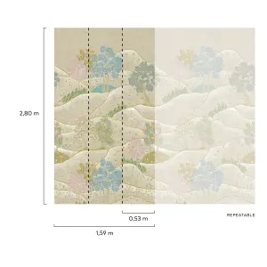 Grandeco Whimsy Neutral Landscape Scene 3 panel repeatable wallpaper Mural, 2.8 x 1.59m, Sage Green