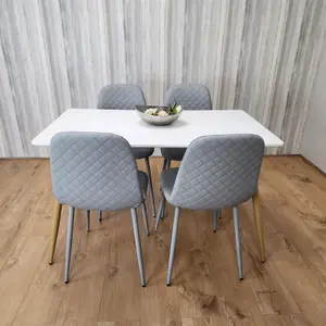 Wooden Dining Table with 4 Grey Gem Patterned Chairs White Table with Grey Chairs