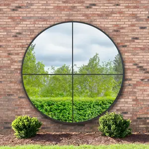 MirrorOutlet The Genestra Black Extra Large Circular Window Metal Garden Wall Mirror 200cm x 200cm