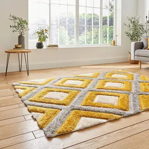 Grey Yellow Modern Shaggy Geometric Easy to Clean Rug for Living Room Bedroom and Dining Room-120cm X 170cm