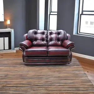 Chesterfield 2 Seater Antique Oxblood Red Leather Sofa In Knightsbridge Style