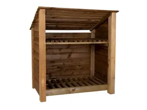 Wooden log store (roof sloping back) with kindling shelf W-119cm, H-126cm, D-88cm - brown finish