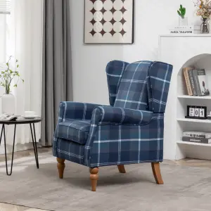 Wingback Tartan Armchair Soft Padded Retro Check Leisure Chair Fabric Lounge for Living Room Bedroom - Blue