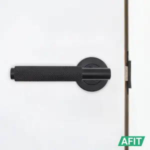 AFIT Matt Black Internal Door Handle - 1 Pair Knurled Matt Black Lever on Rose Round Handles - Dixon Range