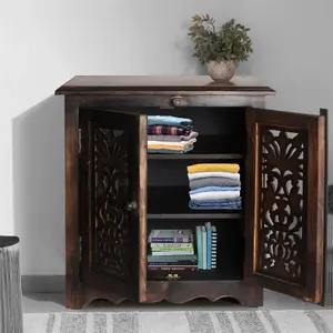 Natural Hand Made Indian Mango Wood Shoe Cupboard Storage Unit Cabinet Dark Brown 59 x 36.5 x 61 cm