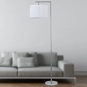 First Choice Lighting Chrome Angled Floor Lamp with White Laser Cut Shade