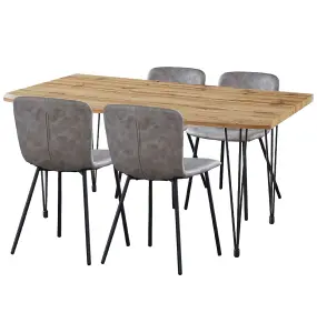 Hallowood Furniture Cullompton Large Dining Table Live Edge Effect Top (1.6m) with 4 Grey Leather Effect Chairs