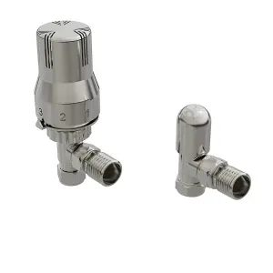 Rinse Bathrooms Angled Thermostatic Radiator Valve TRV + Lockshield 15mm Satin Nickel