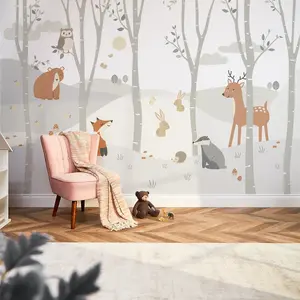 Woodland Animal Mural In Grey (300cm x 240cm)