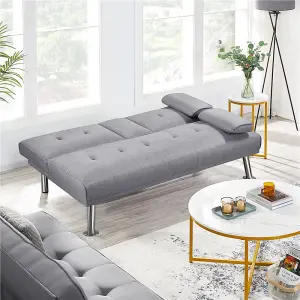 Yaheetech Light Grey Fabric Upholstered Convertible Sofa Bed with Drop-down Cup Holders and Pillows