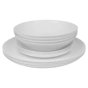 Queensway Home & Dining 26cm Diameter 12 Pcs White Opal Glass Luna Dinner Plates Soup Bowls Dinnerware Set