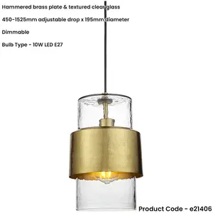 Hanging Ceiling Pendant Light - Hammered Brass Plate & Textured Clear Glass - 10W LED E27