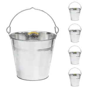 simpa 15L Heavy Duty Galvanised Metal Bucket Pail with Handle - Set of 5