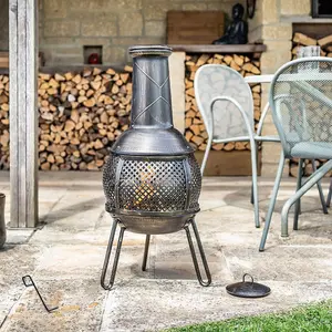 Bronze Effect Baja Chimenea - Metal Hand Painted Outdoor Garden Patio Log Wood Burner Fire Pit Bowl - H90 x 37cm Diameter