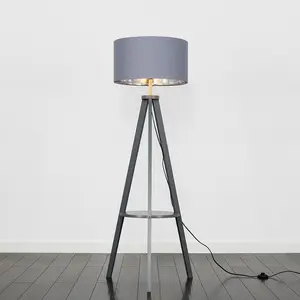 Ismay 149 cm Morrigan Wood Tripod Floor Lamp with Shelf & XL Reni Shade Grey / Grey/Chrome / No