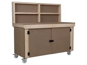 Wooden MDF Top Workbench With Lockable Cupboard (V.9) (H-90cm, D-70cm, L-180cm) with back panel, double shelf and wheels