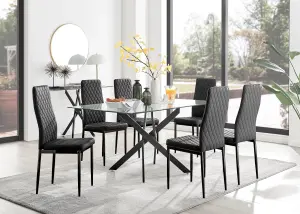 Furniturebox Leonardo 6 Seater Rectangular Glass Dining Table with Silver Metal Legs & 6 Black Milan Faux Leather Black Leg Chairs