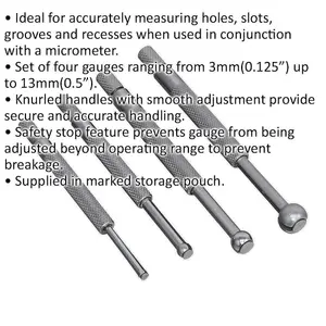 4 Piece Small Hole Gauge Set - 3mm to 13mm Measurements - Knurled Handles