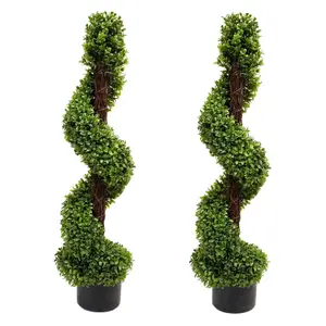 GreenBrokers 2 x Artificial Boxwood Spiral Trees in Black Pot 90cm/3ft