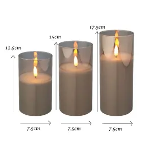 3 Smoky Glass LED Candles With Timer Warm White Candle Lights Realistic 7.5cm Wide