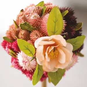 Artificial Strawflower Topiary Ball - Faux Helichrysum, Rose, Leaves & Seed Head Flower Arrangement - H38 x 14cm Diameter