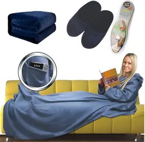 3 in 1 Cozy Fleece Blanket Slipper & Insole - Blue