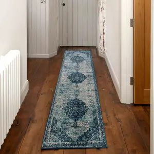 Navy Blue Traditional Medallion Runner Rug 60x240cm