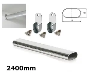 Wardrobe Rail Oval Chrome Hanging Rail Free End Supports & Screws - Length 2400mm