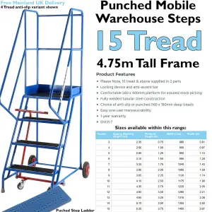 15 Tread Mobile Warehouse Stairs Punched Steps 4.75m EN131 7 BLUE Safety Ladder